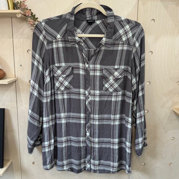 TORRID Challis Button Down Long Sleeve Shirt Plus Size 4X Grey White Light Aqua - Picture 2 of 10